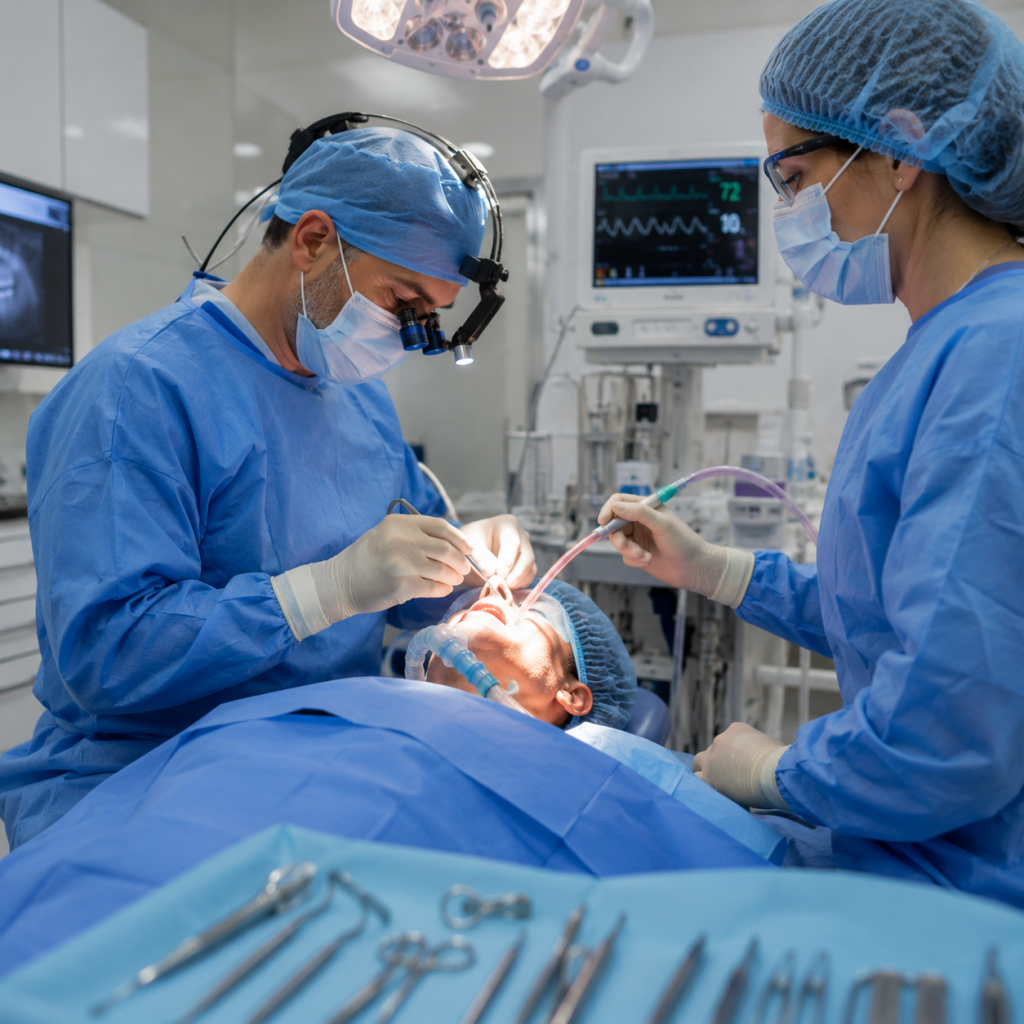 Équipe médicale réalisant une opération dentaire sous anesthésie générale dans un bloc opératoire moderne