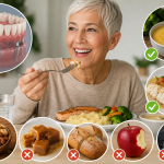 Patiente senior mangeant un repas adapté avec une prothèse provisoire sur implants dentaires pendant la période de cicatrisation.