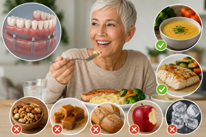 Accueil 10 Patiente senior mangeant un repas adapté avec une prothèse provisoire sur implants dentaires pendant la période de cicatrisation.