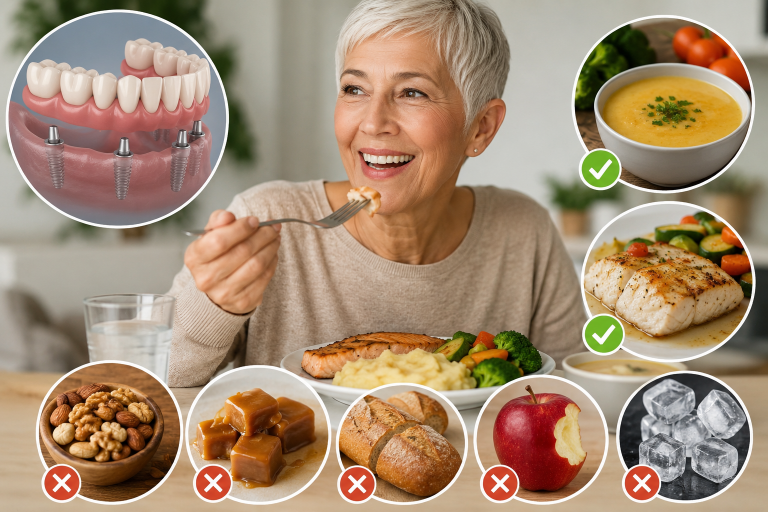 Patiente senior mangeant un repas adapté avec une prothèse provisoire sur implants dentaires pendant la période de cicatrisation.