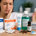 Femme souffrant d’une douleur dentaire avec plusieurs produits anti douleur et soins bucco dentaires