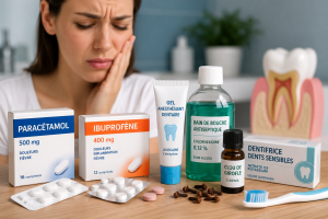 Femme souffrant d’une douleur dentaire avec plusieurs produits anti douleur et soins bucco dentaires