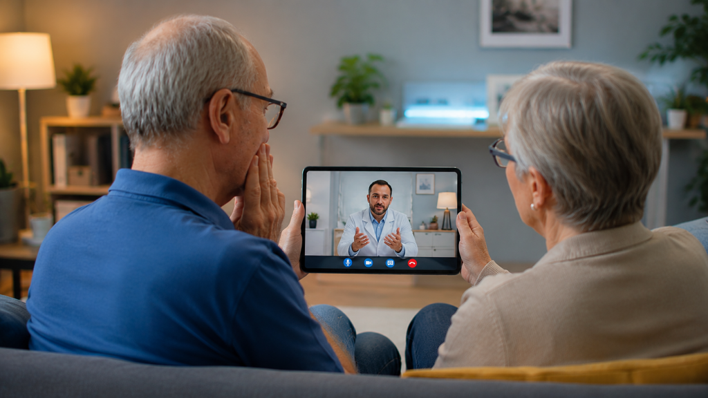 Couple senior en téléconsultation avec un dentiste après des soins dentaires à l’étranger
