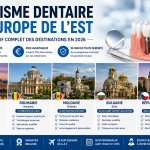 Comparatif des principales destinations du tourisme dentaire en Europe de l'Est en 2026 avec la Hongrie, la Roumanie, la Moldavie et la Bulgarie.