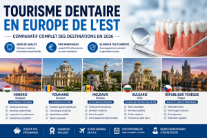 Comparatif des principales destinations du tourisme dentaire en Europe de l'Est en 2026 avec la Hongrie, la Roumanie, la Moldavie et la Bulgarie.