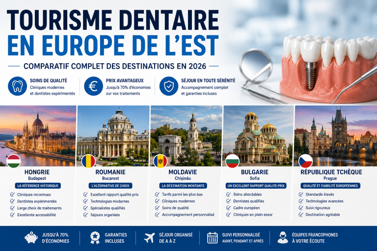 Comparatif des principales destinations du tourisme dentaire en Europe de l'Est en 2026 avec la Hongrie, la Roumanie, la Moldavie et la Bulgarie.