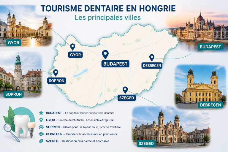Tourisme dentaire en Hongrie carte avec Budapest Gyor Sopron Debrecen Szeged