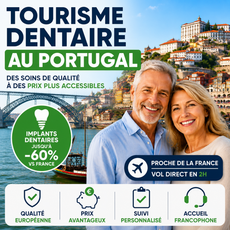 Couple de seniors découvrant le tourisme dentaire au Portugal avec implants dentaires et soins à Porto
