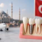 Modèle d'implant dentaire avec drapeau turc en arrière-plan illustrant les soins dentaires et les prix des implants en Turquie.