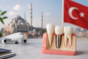 Accueil 10 Modèle d'implant dentaire avec drapeau turc en arrière-plan illustrant les soins dentaires et les prix des implants en Turquie.