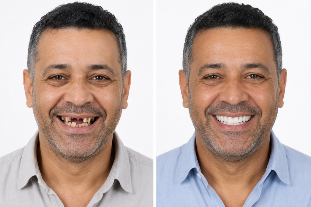 Avant après d'un traitement All-on-6 avec réhabilitation complète du sourire