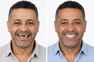 Avant après d'un traitement All-on-6 avec réhabilitation complète du sourire