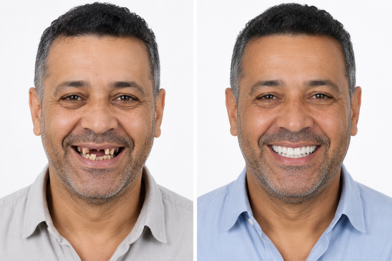 Avant après d'un traitement All-on-6 avec réhabilitation complète du sourire