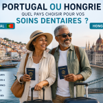 Couple de seniors comparant le Portugal et la Hongrie pour des soins dentaires