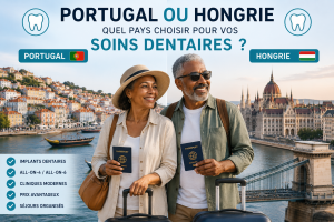 Couple de seniors comparant le Portugal et la Hongrie pour des soins dentaires