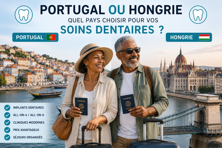 Couple de seniors comparant le Portugal et la Hongrie pour des soins dentaires