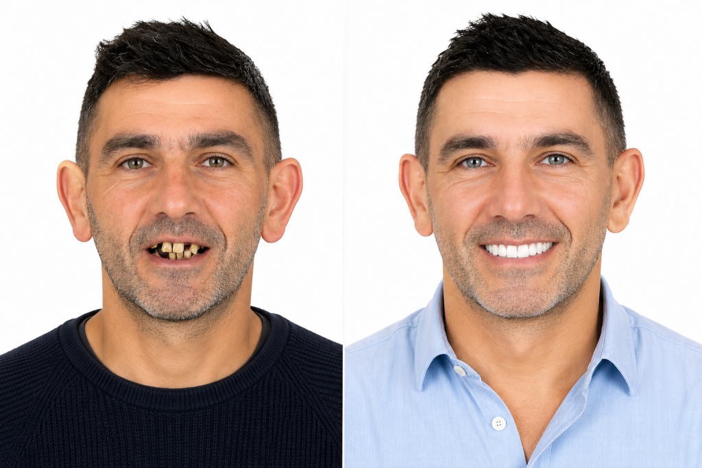 Avant et après la pose d'une prothèse dentaire provisoire puis définitive sur implants.