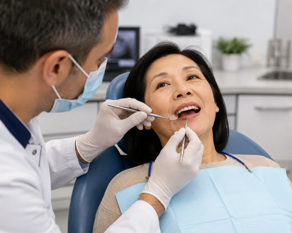 Dentiste réalisant un bilan parodontal pour examiner l'état des gencives d'une patiente.