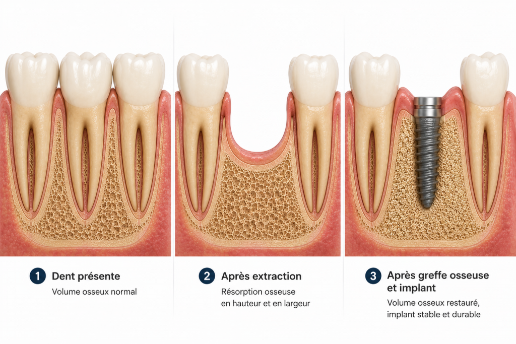 Évolution du volume osseux avant et après la pose d'un implant dentaire avec greffe osseuse