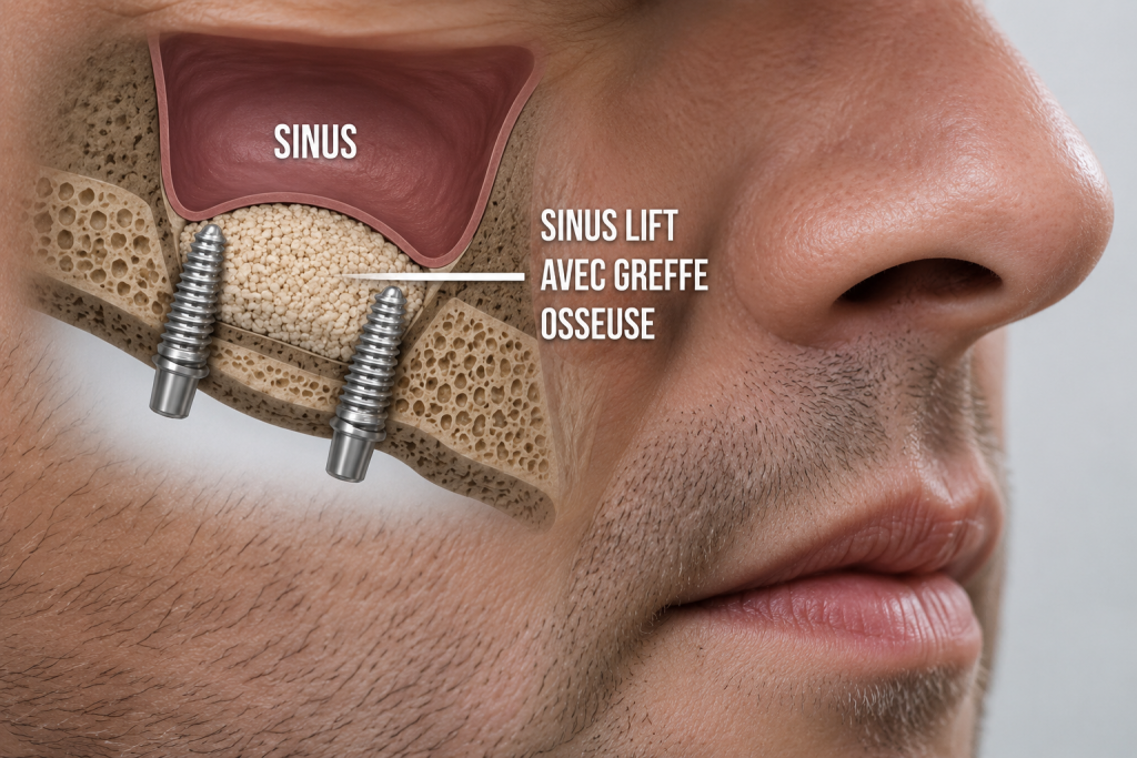 Illustration d'un sinus lift avec greffe osseuse avant la pose de deux implants dentaires au maxillaire supérieur.