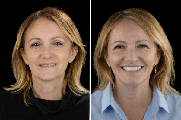 Avant après restauration du sourire avec couronnes dentaires en zircone